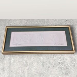 Mary Dinkins Kitty Kats Signed Cast Paper Art Framed Gold Green Mat Relief 12x5